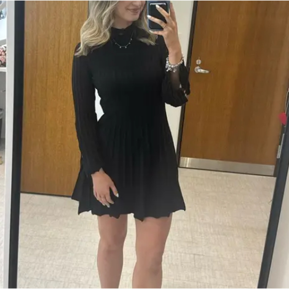 Maje Black Ribbed Knit Mini Dress SMALL Career Fit Flare Long Bell Sleeve $300 - Picture 3 of 11